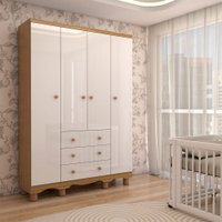 Guarda-Roupa de Bebê Sueño 4 Portas 3 Gavetas 100% Mdf Branco Brilho/Amêndoa - Panorama Móveis