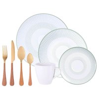 Aparelho de Jantar em Porcelana e Faqueiro Dourado Aço Inox 24 Peças Elegante Luxo