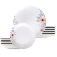 Jogo de Pratos Porcelana 12 Peças Fundos e Rasos Tramontina Floratta Mesa Posta Jantar