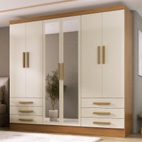 Guarda-Roupa Solteiro Lancaster 6 Portas 6 Gavetas 100% Mdf com Espelho Cinamomo/Off White - Panorama Móveis