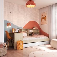 Cama Infanto Juvenil com Escrivaninha Estante e Cama Auxiliar Solteiro Carvalho e Branco Completa Móveis