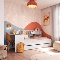 Cama Infanto Juvenil com Escrivaninha Estante e Cama Auxiliar Solteiro Branco Completa Móveis