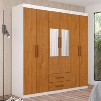 Guarda-Roupa Solteiro Regalle 6 Portas 2 Gavetas com Espelho Branco/Cinamomo - Pnr Móveis