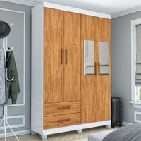 Guarda-Roupa Solteiro Solo 4 Portas 2 Gavetas com Pés e Espelho Branco/Cinamomo - Pnr Móveis
