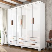 Guarda-Roupa Solteiro Aria 6 Portas 6 Gavetas com Pés e Espelho Branco - Pnr Móveis
