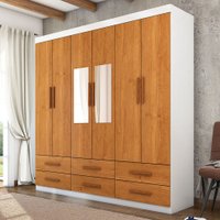 Guarda-Roupa Solteiro Aria 6 Portas 6 Gavetas com Espelho Branco/Cinamomo - Pnr Móveis