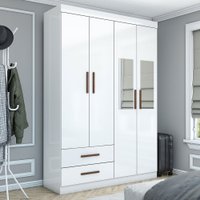 Guarda-Roupa Solteiro Solo 4 Portas 2 Gavetas com Espelho Branco - Pnr Móveis