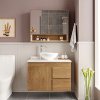 Armário de Banheiro Travertino 80 Cm 3 Portas 2 Gavetas com Espelho Freijó/Creme - Politorno
