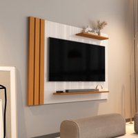 Painel Para TV Até 55 Polegadas Detalhe Ripado Com Prateleiras Aden Off White/Madeirado