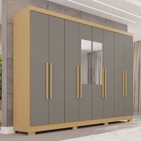 Guarda-Roupa Casal Pinheiro 8 Portas 4 Gavetas com Pés e Espelho Jequitibá/Granizo - Pnr Móveis