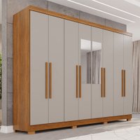 Guarda-Roupa Casal Pinheiro 8 Portas 4 Gavetas com Pés e Espelho Cinamomo/Off White - Pnr Móveis