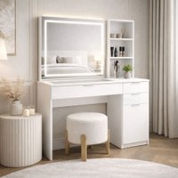 Penteadeira Bella 1 Porta 3 Gavetas com Espelho e Led Branco - Politorno