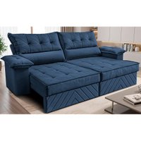 Sofá Retrátil e Reclinável 2,60m com Molas e Espuma D33 Thunder Velusoft Azul Cama inBox