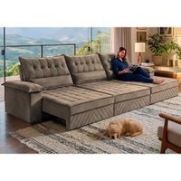 Sofá Retrátil e Reclinável 3,90m com Molas e Espuma D33 Thunder Velusoft Castor Cama inBox