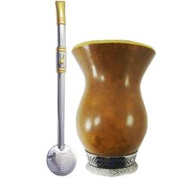 Kit Cuia de Porongo com Base e Bomba de Chimarrão Inox e Ouro 18k Tererê