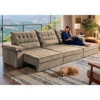 Sofá Retrátil e Reclinável 4,20m com Molas e Espuma D33 Thunder Velusoft Bege Cama inBox