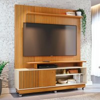 Home Theater Ares com Porta Deslizante e 6 Rodízios e Acabamento Chanfrado Cinamomo e Off White - Pallazio