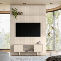 Kit New Panorama Painel Piso-Teto Ripado e Bancada com 2 Portas Deslizantes em MDF Calacata e Off White - Pallazio