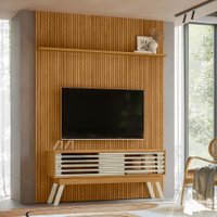 Kit Painel Piso-teto Ripado com Bancada Frizz 2 Portas - Pallazio Cor:Cinamomo e Off White