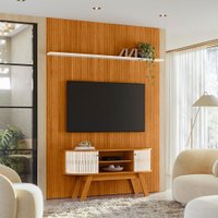 Kit New Silverstone Painel Piso-Teto Ripado e Bancada com 2 Portas Flexíveis em MDF - Pallazio Cor:Cinamomo e Off White