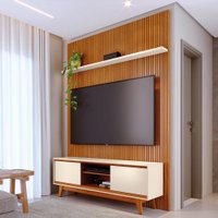 Kit Milo Painel Piso-Teto Ripado com Bancada 2 Portas Deslizantes - Pallazio Cor:Cinamomo e Off White