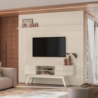 Kit New Laguna Painel Piso-Teto Ripado e Bancada com 2 Portas Flexíveis em MDF Calacata e Off White - Pallazio