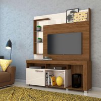 Home Theater Ícaro Prateleiras em Vidro 1 Porta Deslizante com Puxador e Pés em Poliestireno Naturale e Off White - Pall
