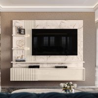 Painel Bancada Suspensa Atena 2 Portas Deslizantes Iluminação em LED - Pallazio Cor:Calacata e Off White