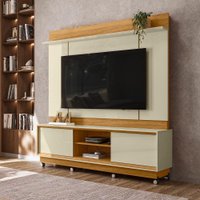 Home Theater Siena com 8 Rodízios 2 Portas de Bater 2 Prateleiras e Detalhes Chanfrados no Tampo  e Base Cumaru e Opala