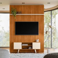 Kit New Panorama Painel Piso-Teto Ripado e Bancada com 2 Portas Deslizantes em MDF - Pallazio Cor:Cinamomo e Off White