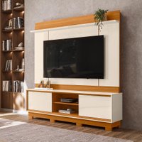 Home Theater Siena com 8 Pés 2 Portas de Bater 2 Prateleiras e Detalhes Chanfrados no Tampo  e Base Cinamomo e Off White