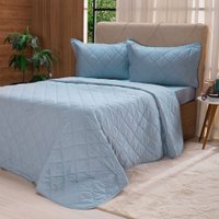Kit Colcha Queen 200 Fios Lisa 100% Algodão 240x260cm Bruma Azul