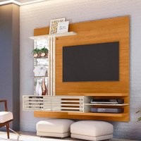 Painel Rack Bancada Frizz Supreme Prateleiras de Vidro e Espelhos com Luminária LED Cinamomo e Off White - Pallazio