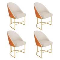 Kit 04 Cadeiras Poltrona de Jantar Bela Corano Nozes e Linho Bege Base Metálica Industrial Dourado - Pallazio