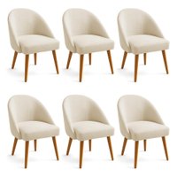 Kit 06 Cadeiras Poltrona de Jantar Estofada Luna Boucle Bege Pés Palito Castanho - Pallazio