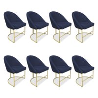 Kit 08 Cadeiras Poltrona de Jantar Bela Veludo Azul Marinho Base Metálica Industrial Dourado - Pallazio