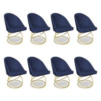 Kit 08 Cadeiras Poltrona de Jantar Bela Veludo Azul Marinho Base Metálica Luxo Dourado - Pallazio