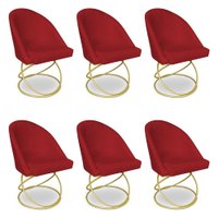Kit 06 Cadeiras Poltrona de Jantar Bela Suede Vermelho Base Metálica Luxo Dourado - Pallazio