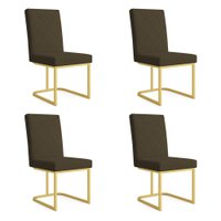 Kit 04 Cadeiras de Jantar Estofada Siena Linho Marrom Café Base de Ferro Dourada - Pallazio