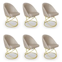 Kit 06 Cadeiras Poltrona de Jantar Bela Linho Bege Base Metálica Luxo Dourado - Pallazio
