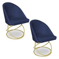 Kit 02 Cadeiras Poltrona de Jantar Bela Suede Azul Marinho Base Metálica Luxo Dourado - Pallazio