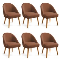 Kit 06 Cadeiras Poltrona de Jantar Estofada Luna Boucle Terracota Pés Palito Castanho - Pallazio