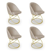 Kit 04 Cadeiras Poltrona de Jantar Bela Linho Bege Base Metálica Luxo Dourado - Pallazio