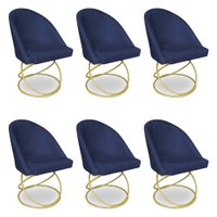 Kit 06 Cadeiras Poltrona de Jantar Bela Veludo Azul Marinho Base Metálica Luxo Dourado - Pallazio