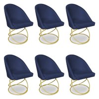 Kit 06 Cadeiras Poltrona de Jantar Bela Suede Azul Marinho Base Metálica Luxo Dourado - Pallazio