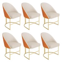 Kit 06 Cadeiras Poltrona de Jantar Bela Corano Nozes e Linho Bege Base Metálica Industrial Dourado - Pallazio