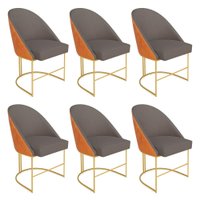 Kit 06 Cadeiras Poltrona de Jantar Bela Corano Nozes e Linho Grafite Base Metálica Industrial Dourado - Pallazio