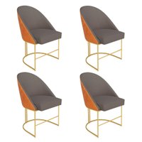 Kit 04 Cadeiras Poltrona de Jantar Bela Corano Nozes e Linho Grafite Base Metálica Industrial Dourado - Pallazio