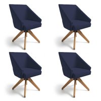 Kit 4 Poltronas Giratórias Alana Veludo Base de Madeira - Pallazio Cor:Azul Marinho