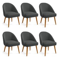 Kit 06 Cadeiras Poltrona de Jantar Estofada Luna Boucle Grafite Pés Palito Castanho - Pallazio